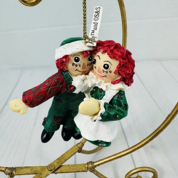 Vintage Raggedy Ann & Andy Dancing Christmas Tree Ornament 1998 Green & Red - Picture 1 of 9